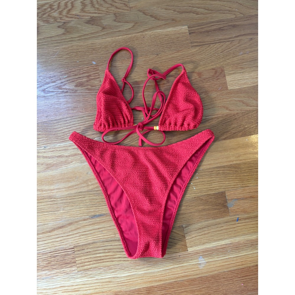 PacSun Swim Red Crinkle Smocked Triangle Bikini Set Beaded Ties Small